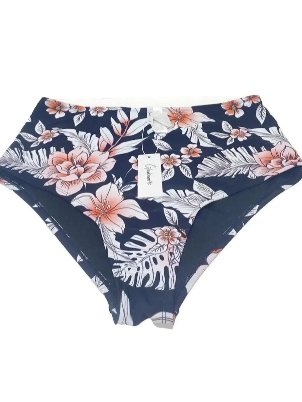 Women's High Waisted Bikini Bottom Black with Floral Print Size 1X Full Coverage
